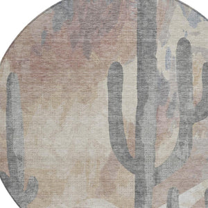 HomeRoots 8' Stylish Washable Round Rug with Cactus Design in Taupe, Coral & Sage for Indoor/Outdoor Use 659991