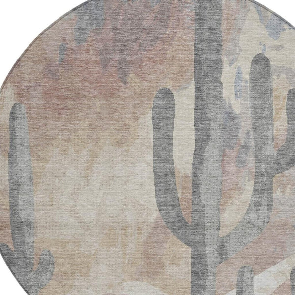 HomeRoots 8' Stylish Washable Round Rug with Cactus Design in Taupe, Coral & Sage for Indoor/Outdoor Use 659991