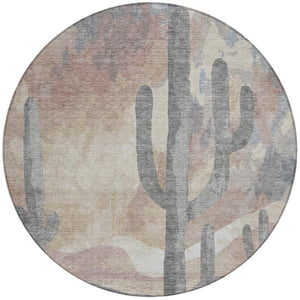 HomeRoots 8' Stylish Washable Round Rug with Cactus Design in Taupe, Coral & Sage for Indoor/Outdoor Use 659991