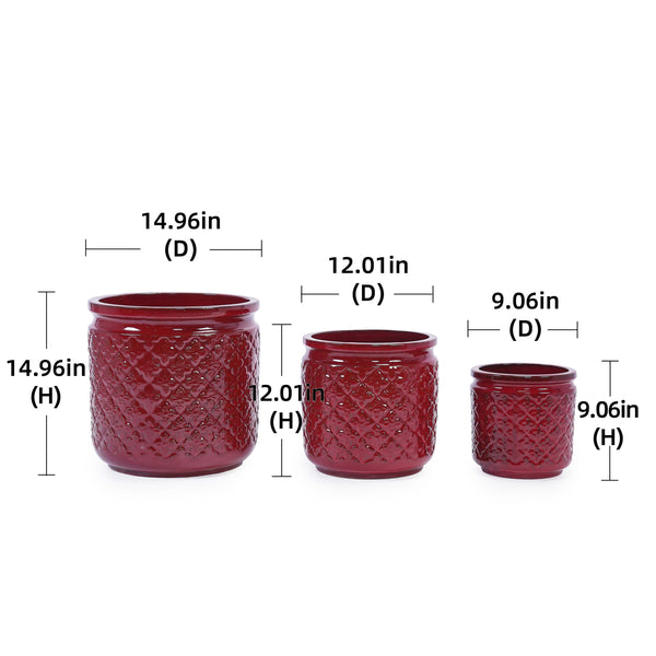English Elm 3 Pieces Ceramic Flowerpot Set - Modern Bean Paste Red Planters For Stylish Indoor & Outdoor Spaces W3273P321477