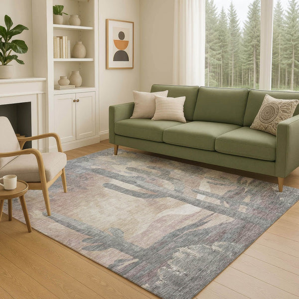 HomeRoots 10' X 14' Washable Area Rug with Taupe, Coral & Sage Cactus Design for Indoor & Outdoor Spaces 659994