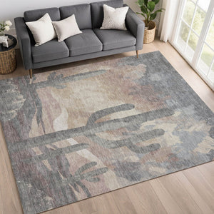HomeRoots 10' X 14' Washable Area Rug with Taupe, Coral & Sage Cactus Design for Indoor & Outdoor Spaces 659994