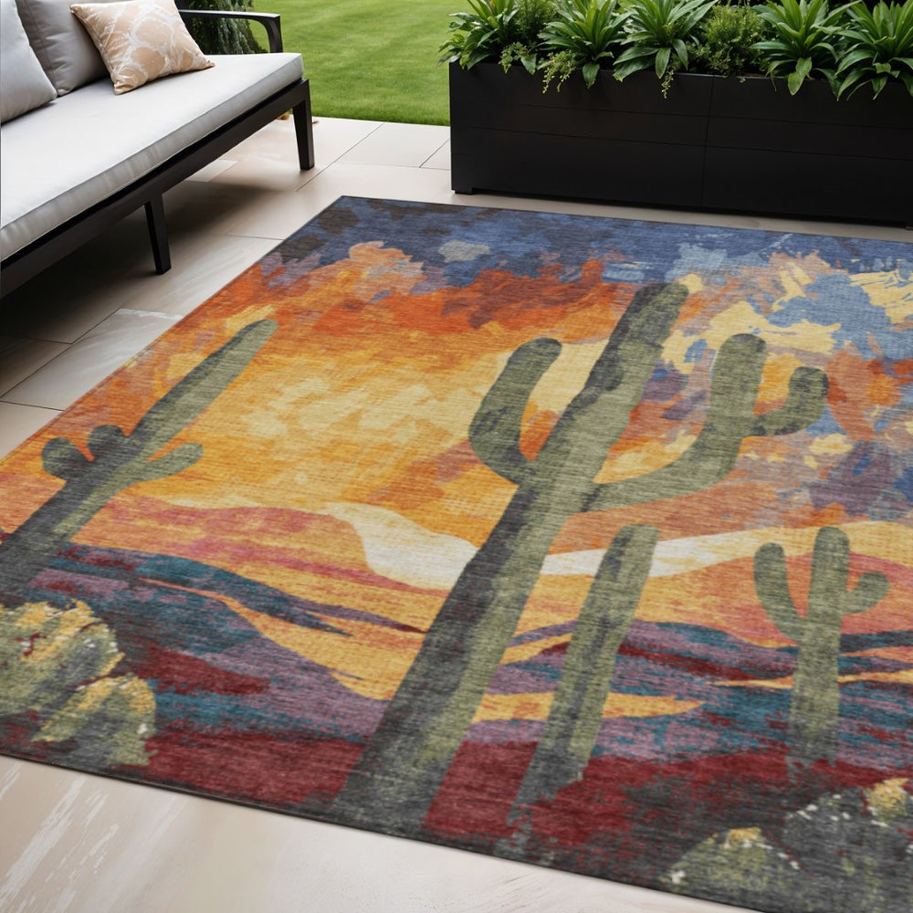 HomeRoots 5' Cactus Pattern Area Rug in Terra Cotta, Blue & Plum - Washable, Durable, Stylish for Indoors & Outdoors 659996