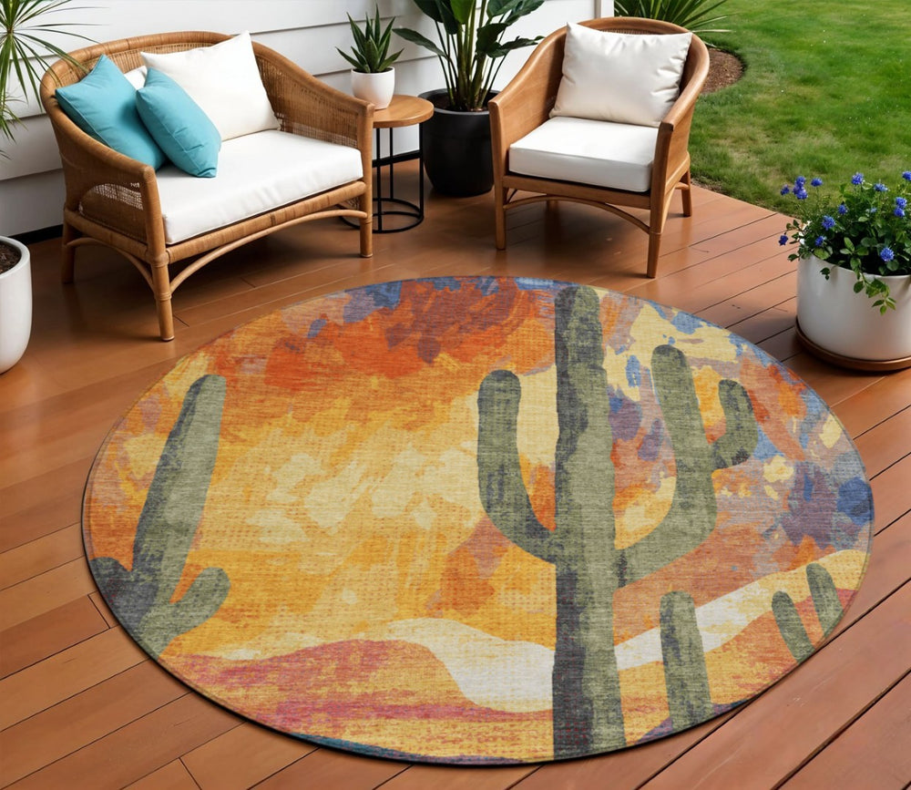 HomeRoots 8' Vibrant Terra Cotta Blue & Plum Round Cactus Washable Rug for Indoor/Outdoor Spaces - Durable! 659997