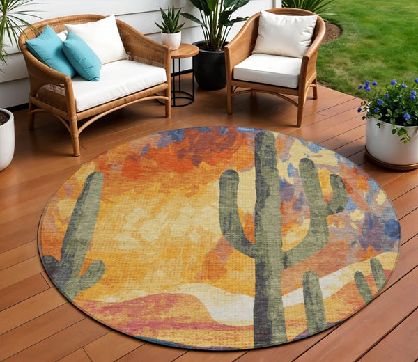HomeRoots 8' Vibrant Terra Cotta Blue & Plum Round Cactus Washable Rug for Indoor/Outdoor Spaces - Durable! 659997