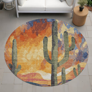 HomeRoots 8' Vibrant Terra Cotta Blue & Plum Round Cactus Washable Rug for Indoor/Outdoor Spaces - Durable! 659997