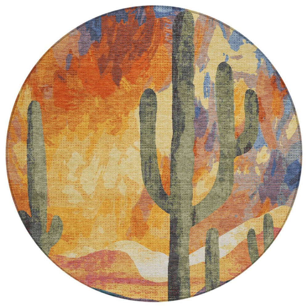 HomeRoots 8' Vibrant Terra Cotta Blue & Plum Round Cactus Washable Rug for Indoor/Outdoor Spaces - Durable! 659997