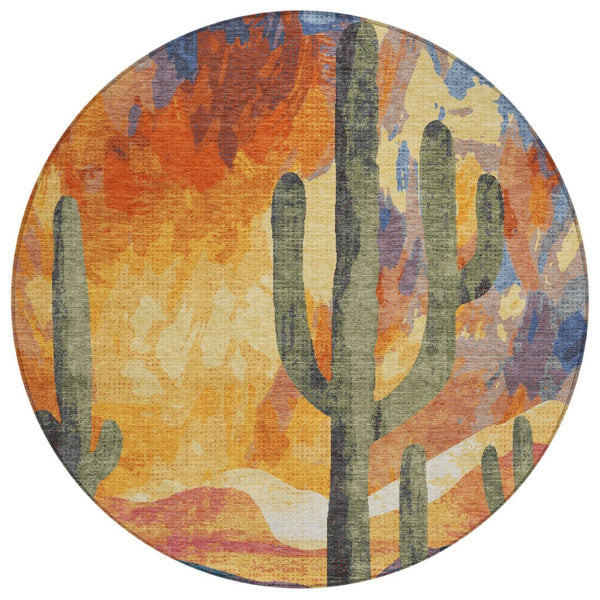 HomeRoots 8' Vibrant Terra Cotta Blue & Plum Round Cactus Washable Rug for Indoor/Outdoor Spaces - Durable! 659997