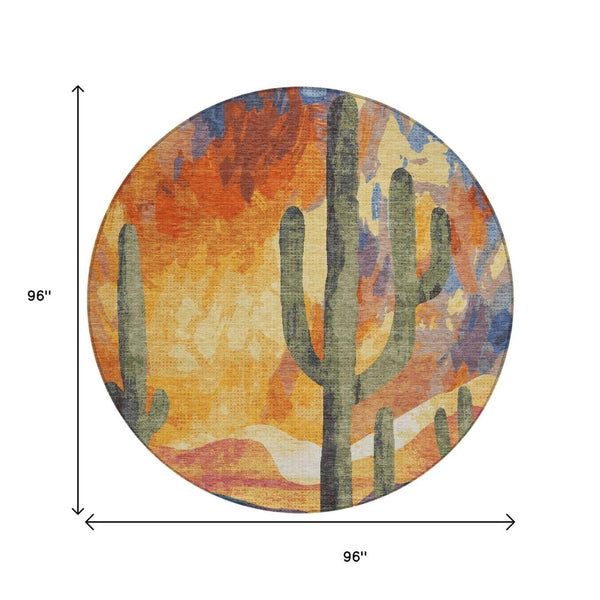 HomeRoots 8' Vibrant Terra Cotta Blue & Plum Round Cactus Washable Rug for Indoor/Outdoor Spaces - Durable! 659997