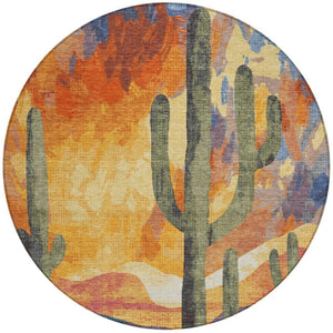 HomeRoots 8' Vibrant Terra Cotta Blue & Plum Round Cactus Washable Rug for Indoor/Outdoor Spaces - Durable! 659997