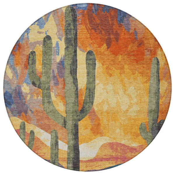 HomeRoots 8' Vibrant Terra Cotta Blue & Plum Round Cactus Washable Rug for Indoor/Outdoor Spaces - Durable! 659997