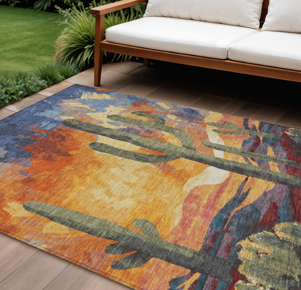 HomeRoots 9' X 12' Cactus Indoor Outdoor Area Rug in Terra Cotta, Blue & Plum - Stylish, Washable & Durable! 659999