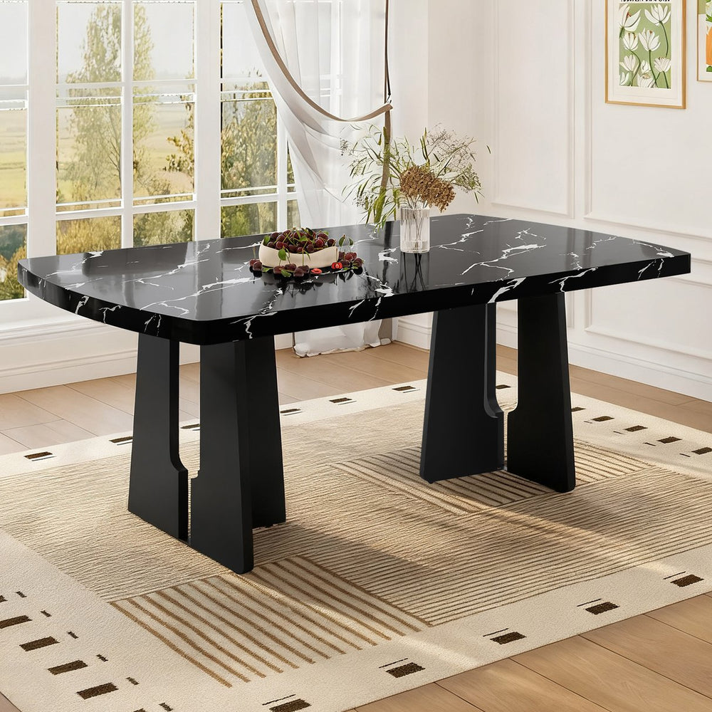English Elm 63" Modern Faux Marble Dining Table with Geometric Rubberwood Legs, Durable 350lb Capacity, Easy Assembly Black N752P317333B