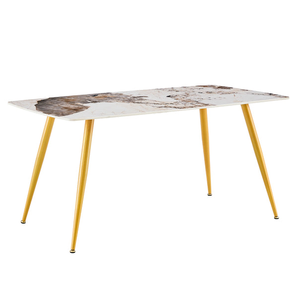 English Elm Modern minimalist sintered stone dining table with white marble-look top and sturdy metal legs, seats 4-6 comfortably Gold W1151S01018