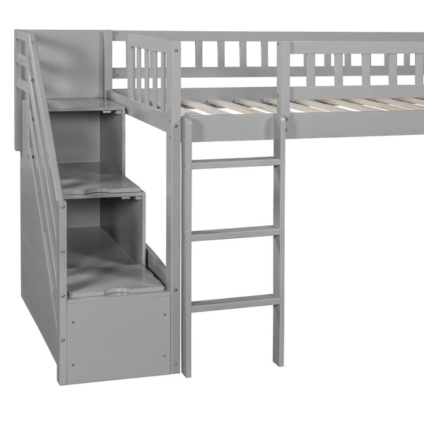 English Elm Stairway Twin Loft Bed with Storage Staircase Slide and Guardrails for Kids Gray LT000515AAE-1