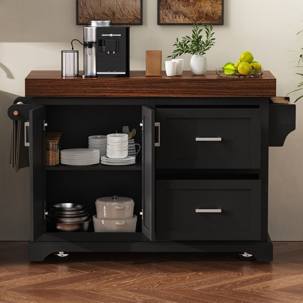 English Elm K&k Rolling Kitchen Island with Walnut Grain Countertop Drawers and Spice Rack Black N707S000025B