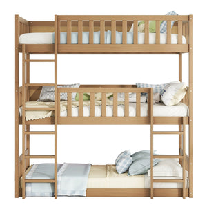 English Elm Twin Triple Rubberwood Bunk Bed with Ladders & Guardrails, Space-Saving Modular Design for Families White Oak W504S00172