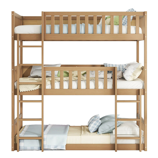 English Elm Twin Triple Rubberwood Bunk Bed with Ladders & Guardrails, Space-Saving Modular Design for Families White Oak W504S00172