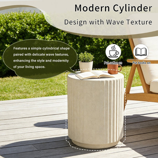 English Elm U_style Mgo Cylinder Accent Table Wave Ribbed Concrete Look Patio or Indoor Plant Stand Beige N711P422078A