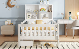 English Elm Twin Chalkboard Platform Bed with Drawers & Shelves, Solid Wood Kids Bed with Storage and Creative Headboard White W1580P362704