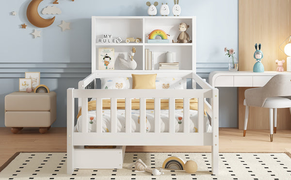 English Elm Twin Chalkboard Platform Bed with Drawers & Shelves, Solid Wood Kids Bed with Storage and Creative Headboard White W1580P362704