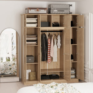 English Elm 70.87"tall Rattan Door Armoire Freestanding Wardrobe with Adjustable Shelves Hanging Rod Natural W757S00054