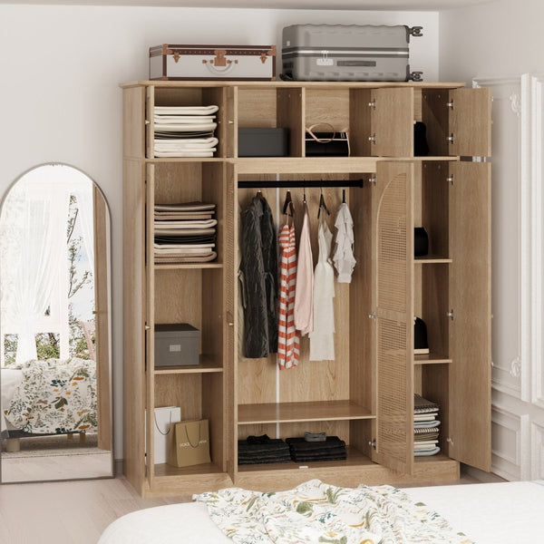 English Elm 70.87"tall Rattan Door Armoire Freestanding Wardrobe with Adjustable Shelves Hanging Rod Natural W757S00054