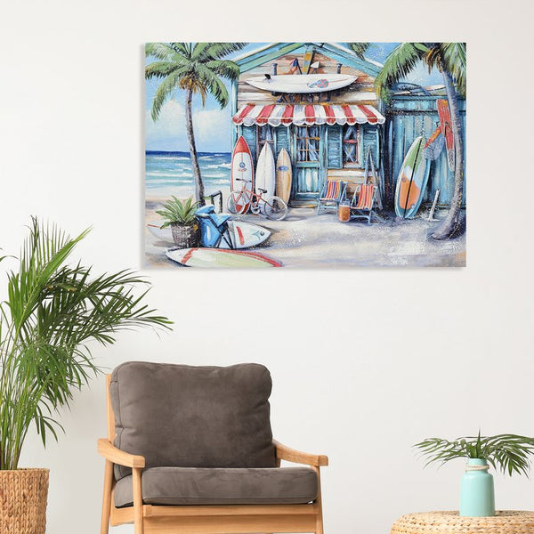 English Elm Blue Beach House Surfboard Coconut Tree Canvas Art - Vibrant Coastal Mural for Living Room, Office W3374P322225