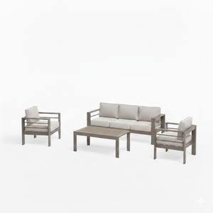 English Elm All-weather Outdoor 4 Piece Iron Conversation Set with Olefin Cushions and Wood Grain Table Beige B082S00103