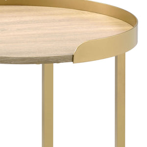 English Elm Oak Round Tray Top End Table With Gold Base – Modern Elegance For Living Room & Bedroom Décor B062P181360