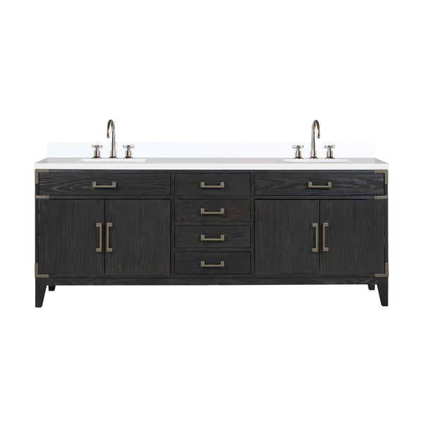English Elm Black Oak Double Bath Vanity 84" With White Quartz Top, Chrome Faucet Set & Ample Storage Space B2731P260984