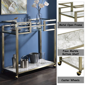 English Elm Neilo Brushed Brass 2-Tier Serving Cart with Faux Marble Top & Clear Tempered Glass Shelves, 32" B2726P408081