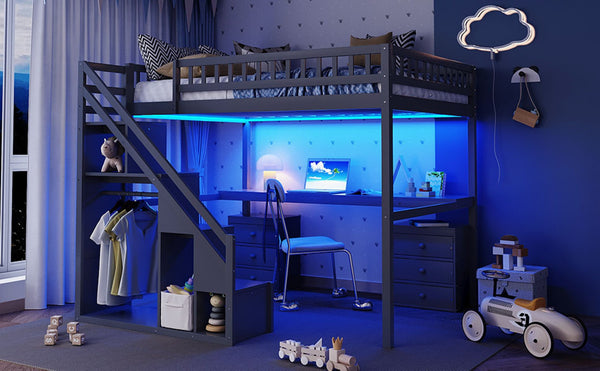 English Elm Full Size Loft Bed with Desk Drawers Led Strip and Staircase for Teen Rooms Gray LT000258AAE-1