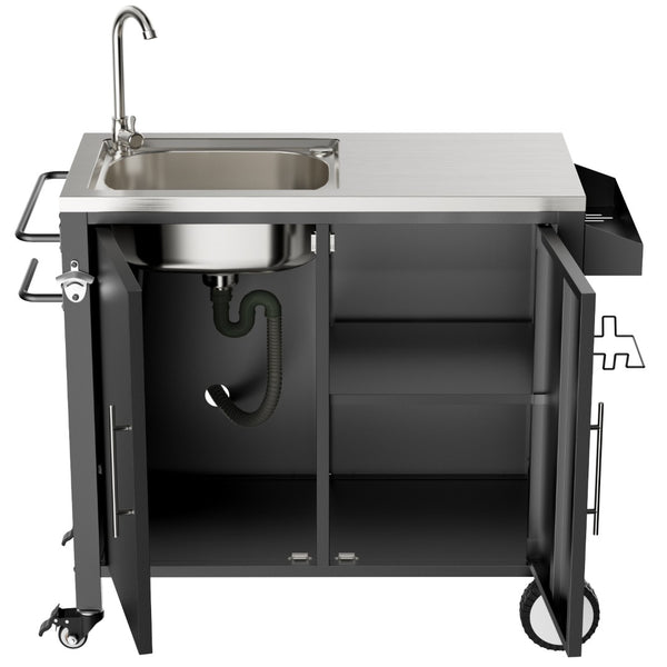 English Elm Outdoor Stainless Steel Grill Cart with Sink Cabinet and Lockable Swivel Wheels W3190P409412