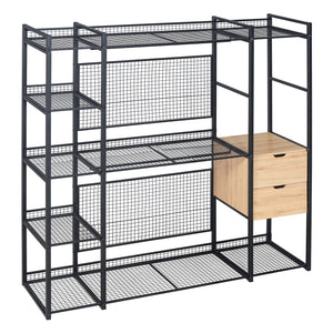English Elm Open-Style Wardrobe Storage System with Heavy-Duty Metal Frame, Rails, Shelves & Drawers - Sleek Durable Design for Organized Living Black SF000087AAB