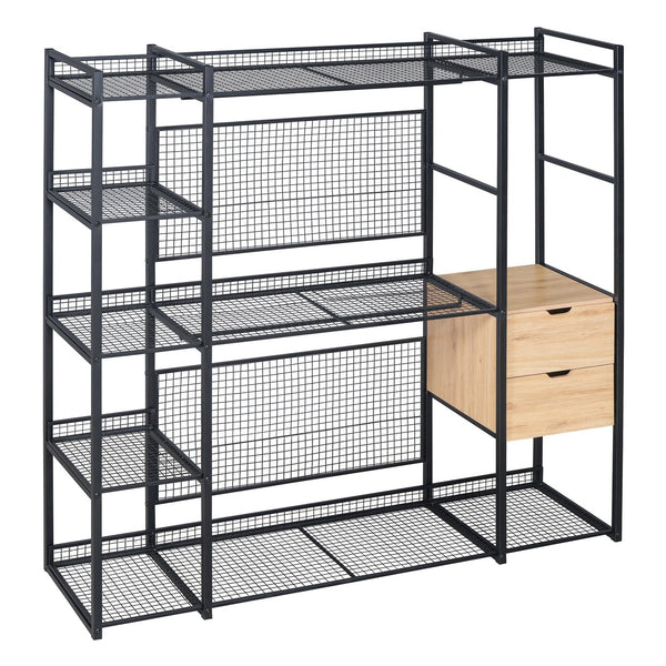 English Elm Open-Style Wardrobe Storage System with Heavy-Duty Metal Frame, Rails, Shelves & Drawers - Sleek Durable Design for Organized Living Black SF000087AAB