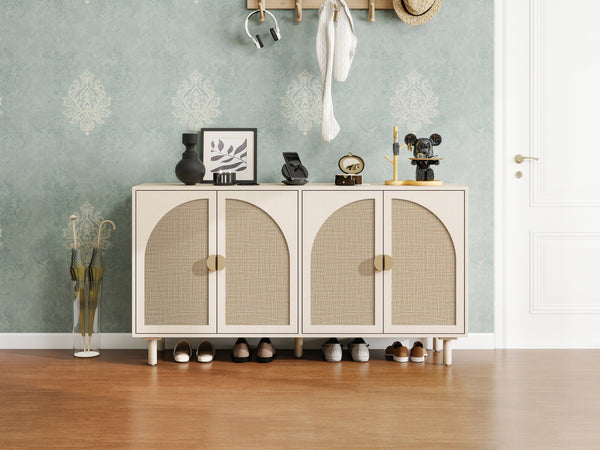 English Elm 4 Engineered Rattan 4-Door Storage Cabinet with Pine Feet, Moisture-Proof Durable Finish, Sleek Handles Natural W688134377