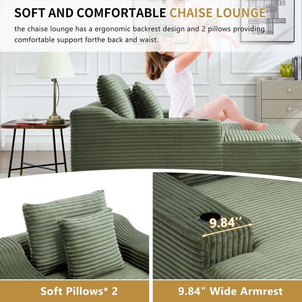 English Elm 67" Corduroy Oversized Chaise Sleeper Sofa Deep Seat Boneless Lounge with Cup Holder Pillows Green W1803P409244