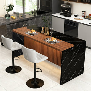 English Elm 63" Modern Kitchen Island with Black Marble-Look Surface, LED Ambient Lighting & Grille Accent Walnut+black W2699P365915