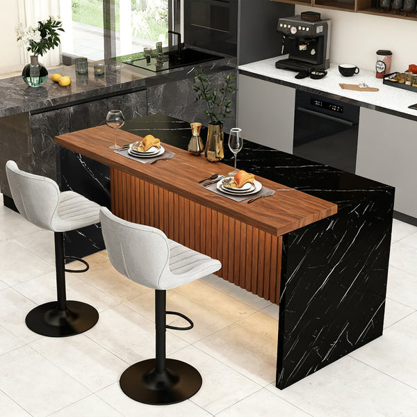 English Elm 63" Modern Kitchen Island with Black Marble-Look Surface, LED Ambient Lighting & Grille Accent Walnut+black W2699P365915