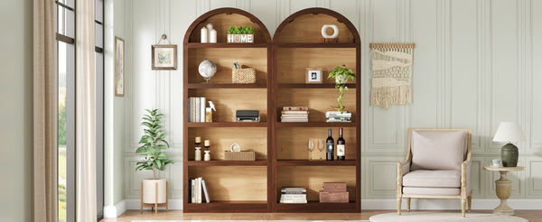 English Elm On-trend Farmhouse Two-tone Bookcase Set Arched Fabric Crown Open 5-tier Shelving Walnut N721P411205P