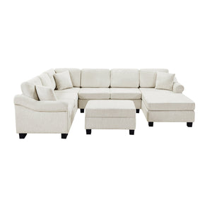 English Elm Sectional Plush chenille U-shaped sofa with pleated arms, pocket-spring seats & hidden ottoman storage White N719S000810K