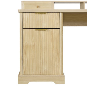 English Elm 59" Fluted Oak L-shaped Corner Desk with Charging Station Monitor Stand and File Storage Light Oak W2917S00005