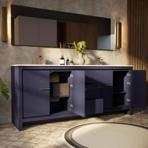 English Elm Navy Double Bath Vanity 80" W With White Quartz Top & 70" Mirror - Elegant Storage Solution! B2731S01504