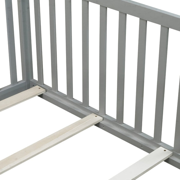 English Elm Twin House Frame Floor Bed Rubberwood with Roof Canopy and Safety Rails for Kids Grey W504P429537