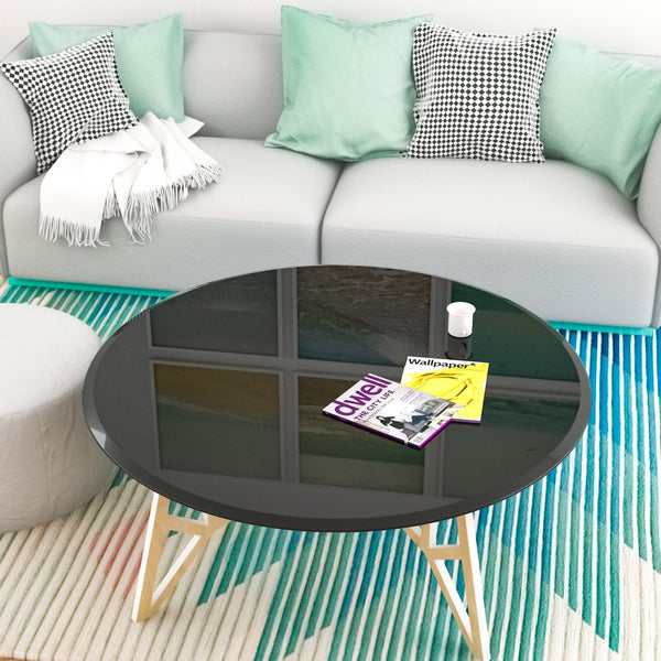 English Elm 38.6" Round Tempered Glass Table Top Black 1/2" Thick Beveled Polished Edge Durable Heat-Resistant Surface W241P248358