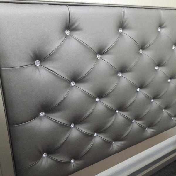 English Elm Silver Tufted Faux Leather Headboard Queen Bedframe with Crystal Shine Buttons, Nail Trim, Sturdy Bun Feet Champagne,Silver 10 L x 87 W x 6 H B011S01834