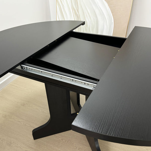 English Elm Dining Table Expandable 43–59" Oval with Removable Leaf, X-Base Farmhouse Style Oak Veneer Black – Seats 6 W1347P202405