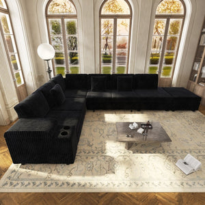 English Elm 110.2" Corduroy Sectional Sleeper Sofa with Ottoman Usb Ports Storage Armrests Living Room Black W3219S00014
