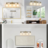 English Elm 4-Light Golden Bathroom Vanity Light Fixture, Frosted Glass Shades, Modern Wall Mounted Lighting (No Bulbs)